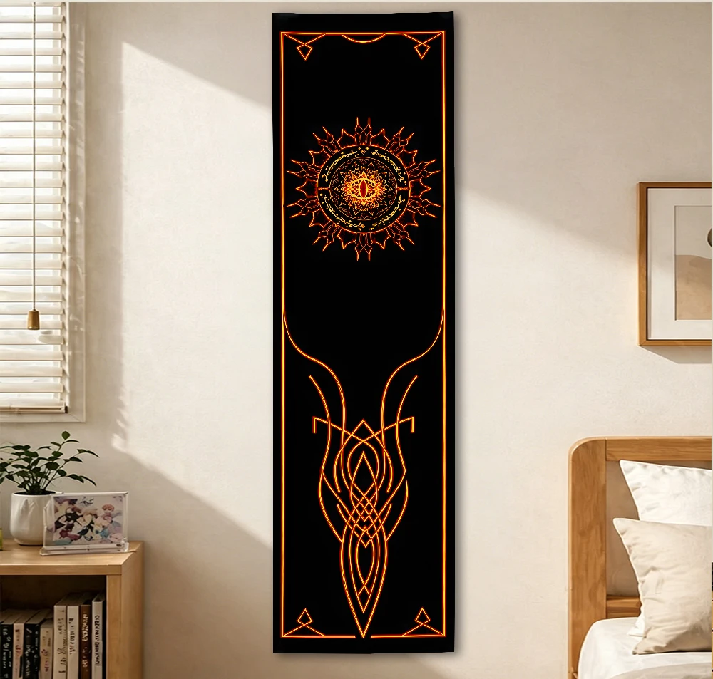 Vertical Long Mystic Eye Tapestry Black Background Glowing Orange Magic Symbol Wall Hanging Gothic Esoteric Bedroom Dorm Wall