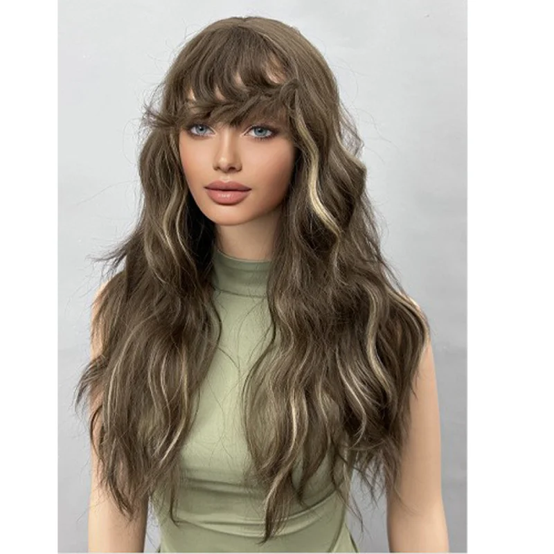 أبرز الشعر الطويل الجزء الأوسط شعر طويل مجعد لمنتجات WomencosFiber شعر مستعار مقاوم للحرارة نمط شعر الرأس بالكامل