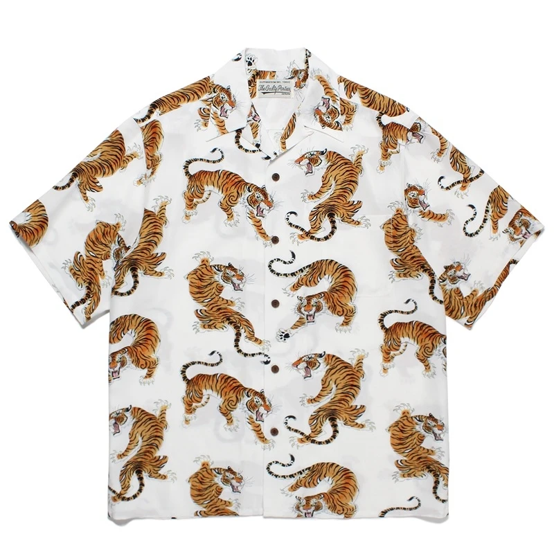 WACKO MARIA-Camisa de manga curta tigre havaiano para homens e mulheres, alta qualidade, 1:1, pescoço cubano, casual, vintage, solta, estampa completa