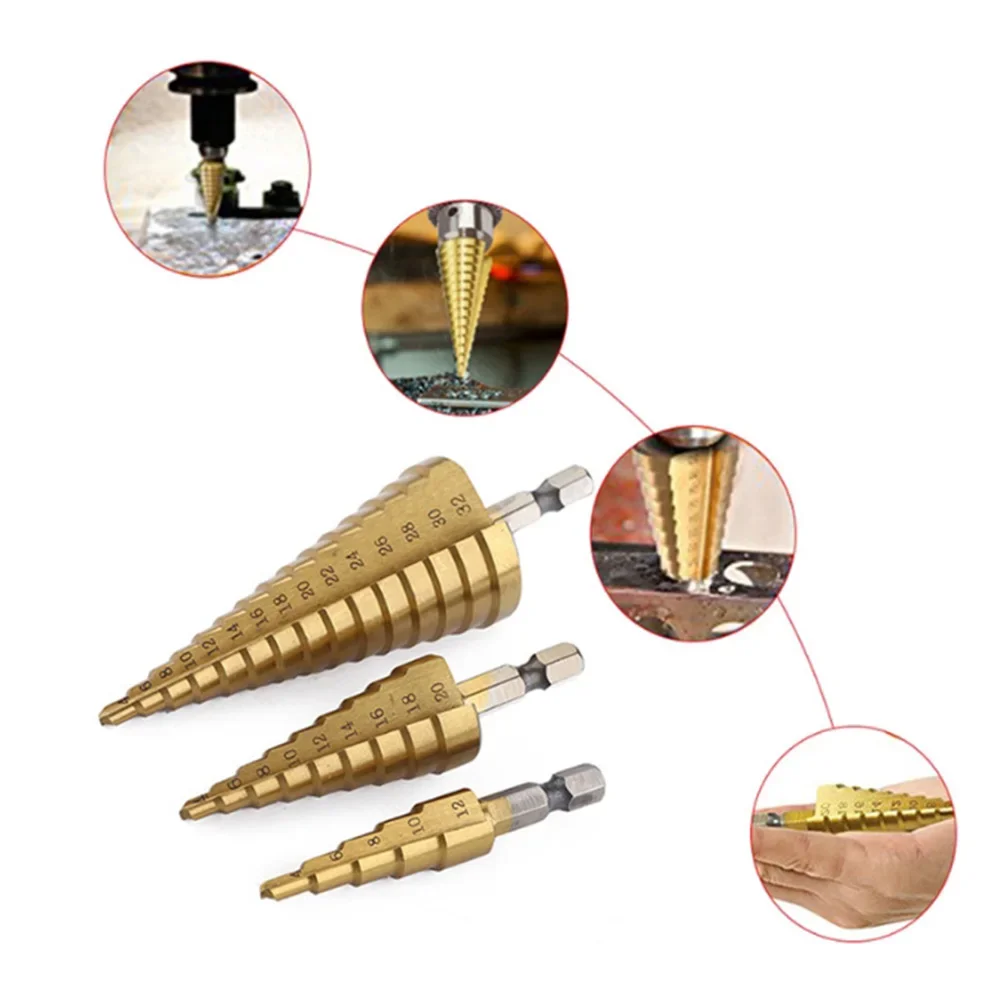 3-12/4-12/4-20/4-32mm HSS ขั้นตอนเจาะไทเทเนียมชุบ Hexagonal Shank ตรง Groove เจดีย์เจาะเจาะเครื่องมืออุปกรณ์เสริมชุด