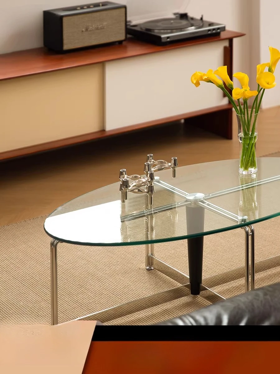 Nordic Retro Glass Coffee Table Tempered Oval solid wood Tea Table