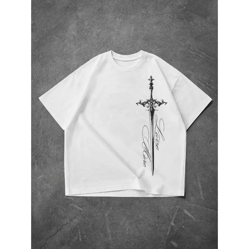 Y2K Ladies Vintage Sword Graphic Cropped T‑Shirt Loose Short Sleeve O‑Neck Gothic Street Fashion Crop Tops