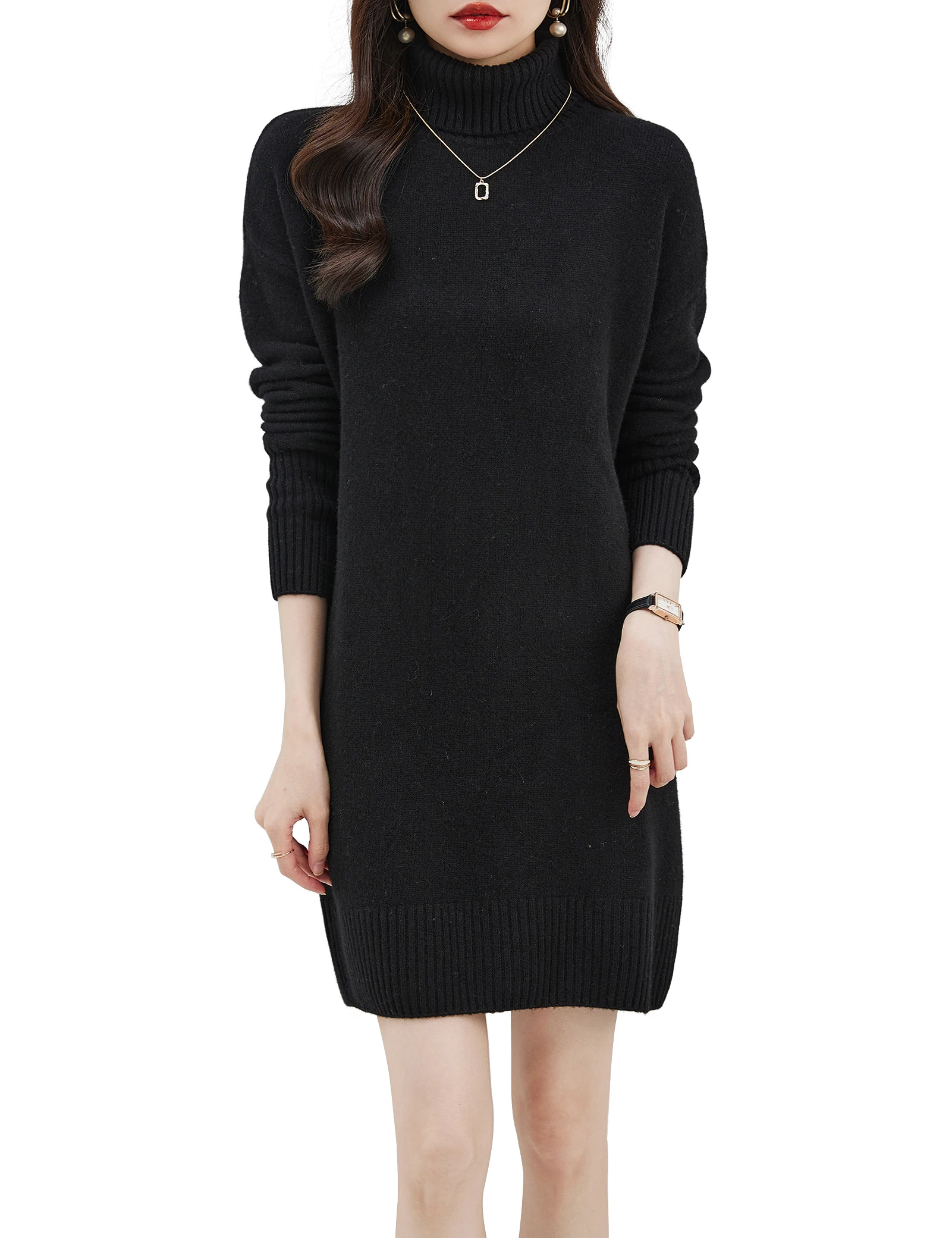 EU Size Women\'s Turtleneck Sweater Dresses 100% Merino Wool Vintage Dress 2023 Fall Winter Warm Long Sleeve Knitted Mini Skirts