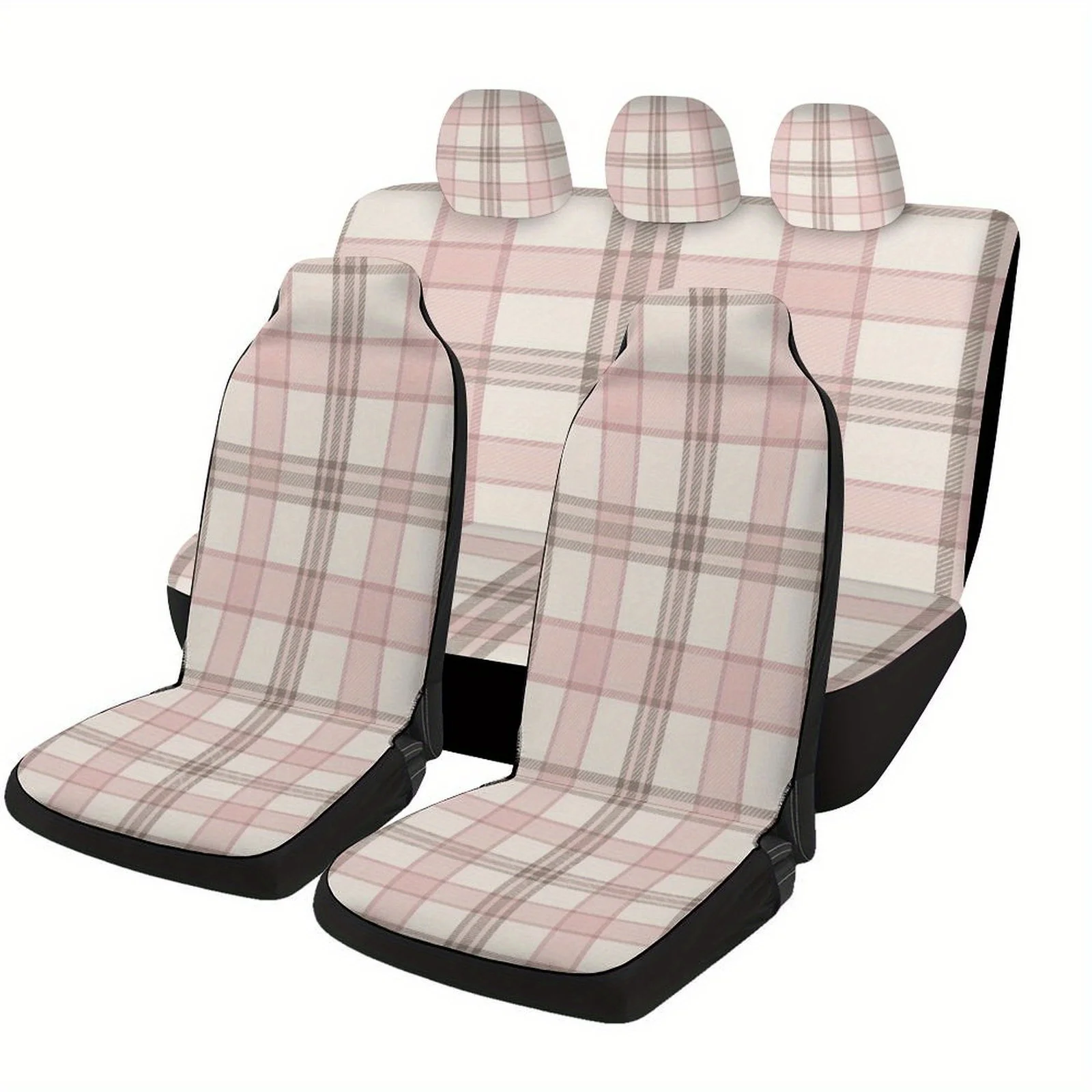 Pink Checkered Pattern Designed Car Seat Covers Set For Most Cars, Fashion Decorative Car Seat Protector Covers Full Set, Univer