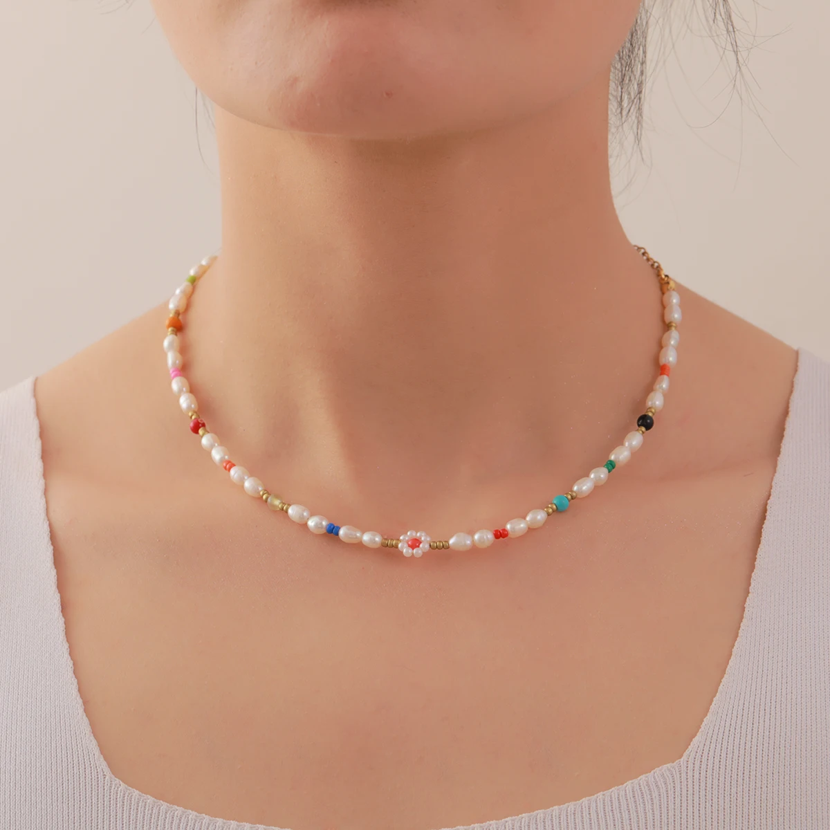 

Freshwater Baroque Pearl Necklace Colored Beaded Rice Bead Necklace Fashion Jewelry Banquet Gift Accessories