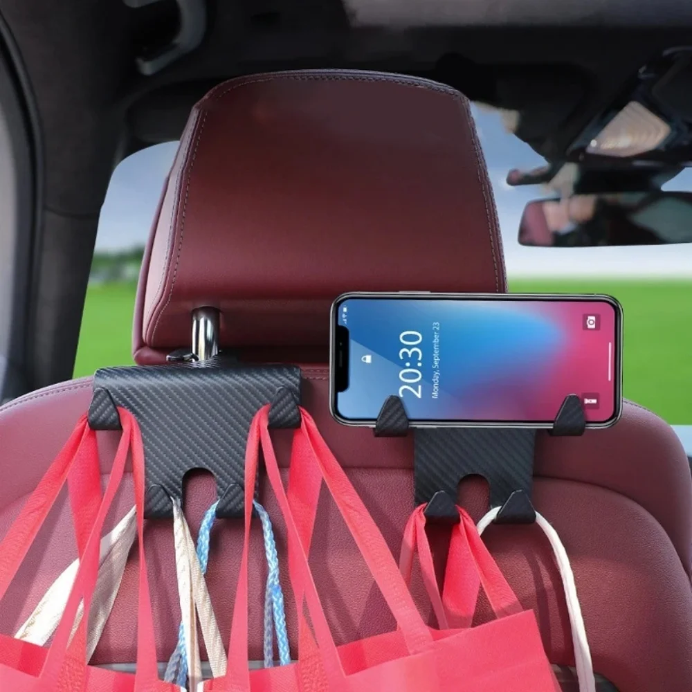 4Pcs Universal Carbon Fiber Car Seat Back Hooks Headrest Mobile Phone Purse Handbag Holder Car Back Seat Hook Interior
