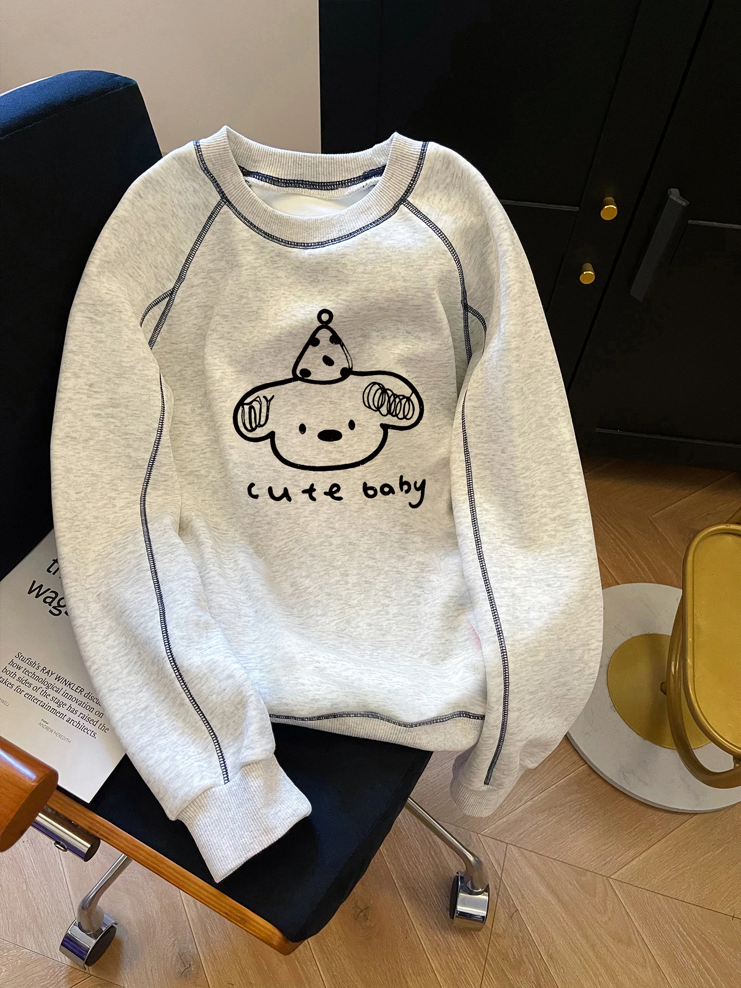 

Уникальный дизайн, простой повседневный худи с длинными рукавами и принтом, женский, весенне-осенний, в корейском стиле, свободный, универсальный базовый топ