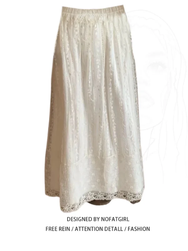

plus Size Lace Embroidered High Waist Long Skirt Women's Autumn Winter Floral 3D Embellied f Body White Skirt