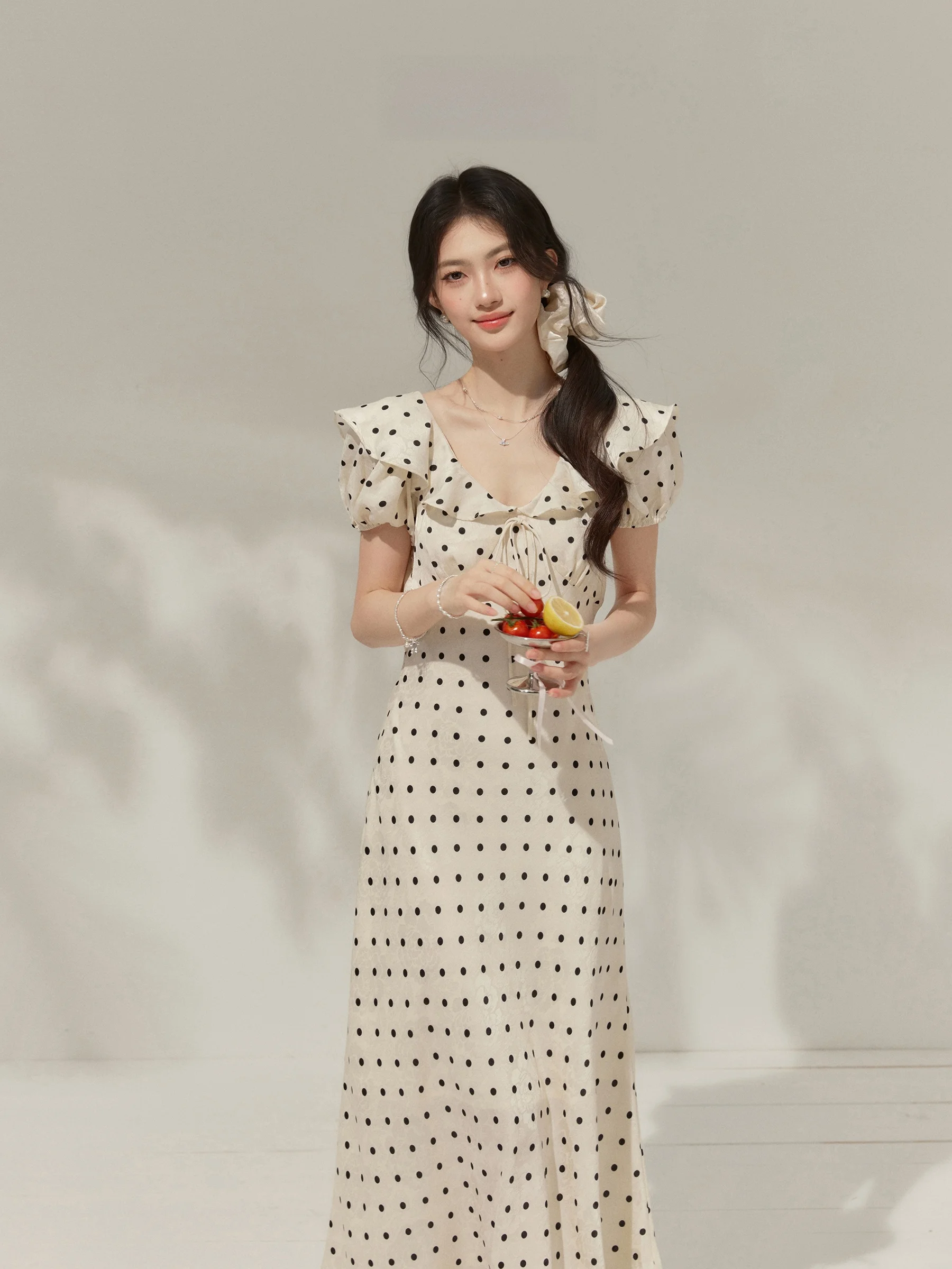 

Polka Dot V-neck Short Sleeve Long Dress Women's Summer New Style City Commute French Style Dress with Lace Hemline