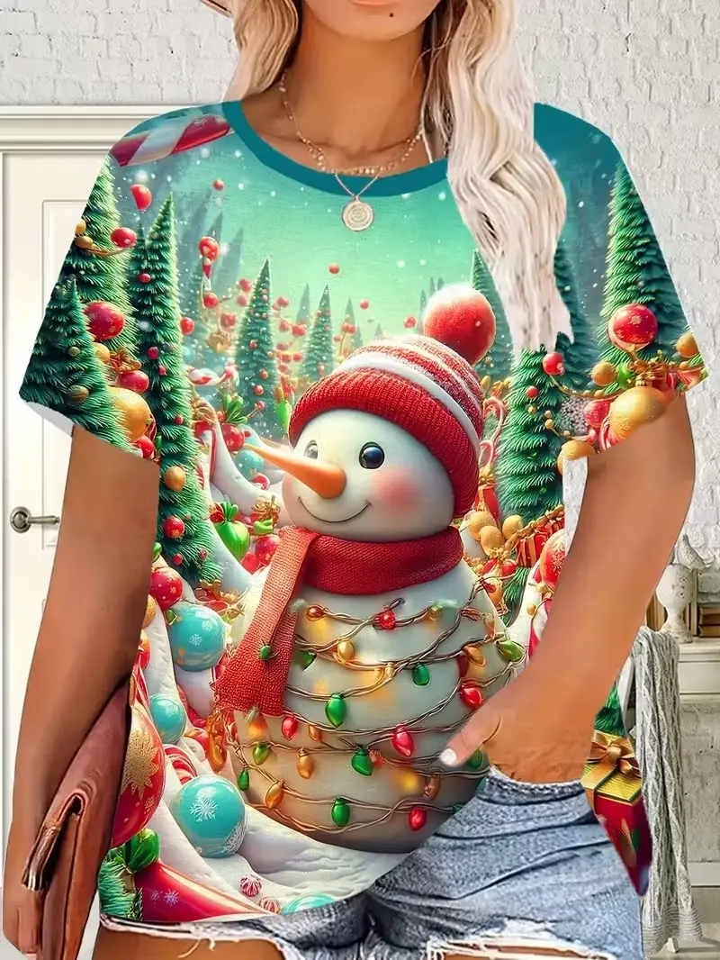 Snowman Christmas T-Shirts Santa Claus Reindeer 3D Print Women Short Sleeve O-Neck T Shirt Harajuku Y2K Tees Top Female Clothing
