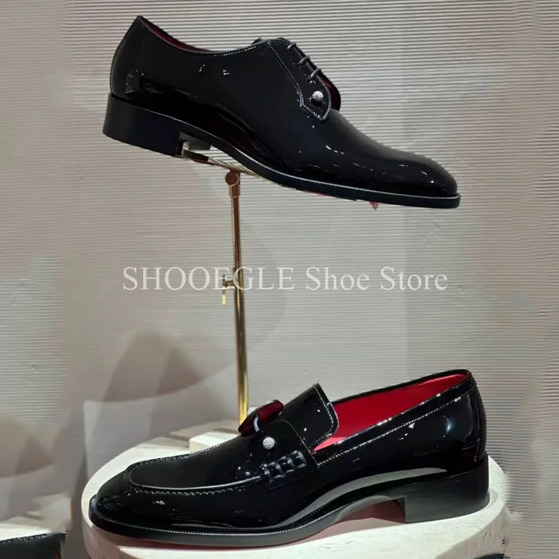 

New Arrival Black Patent Leather Shoes Men Round stud Loafers Formal Flat Small Square Toe Summer Wedding Business Office Shoes