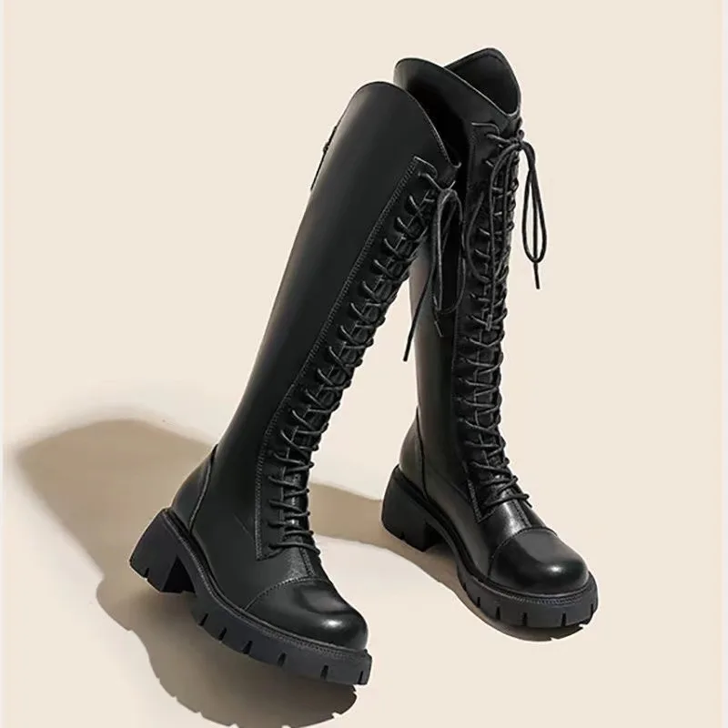 

Women's boots 2025 Spring and Autumn genuine leather long tube boots Women's V-neck thick heel high tube boots Knight boots