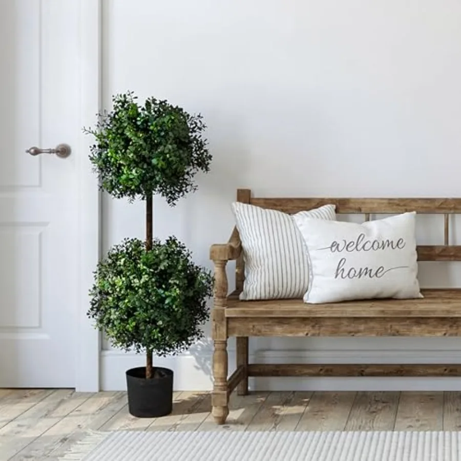 46 Inch Artificial Boxwood Double Ball Topiary Tree for Indoor Outdoor Use, Premium PE Material, Matte Black Pot, Lifelike Text