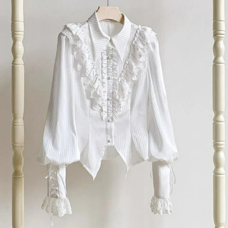 

Винтажная блузка женская Y2K Эстетическая Лолита Kawaii Ретро Slim Fit Модные топы с кружевной отделкой Милые рюши Элегантные повседневные женские рубашки