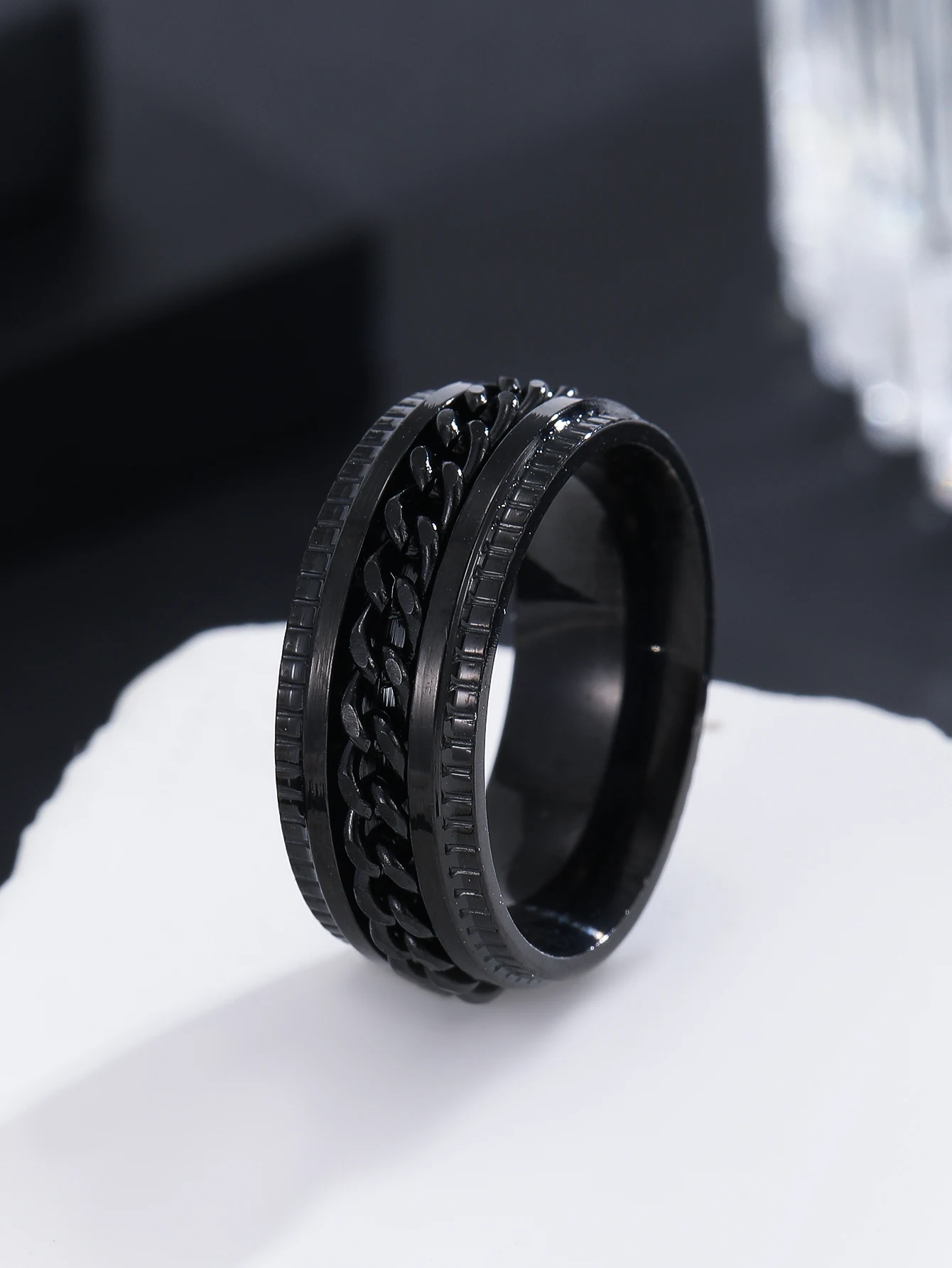 Hip Hop Punk Men Rings Stainless Steel Rotatable High Quality Black Anxiety Fidget Multifunctional Spinner Chain Rings Jewelry