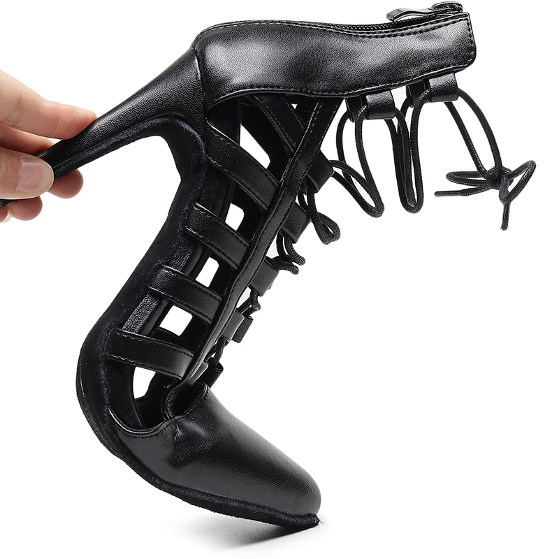 Woman Black Lace Up Dance Shoes Girls High Heels Leather Stylish Boots Suede Rubber Salsa Jazz Latin Dancing Shoes 7.5-11cm