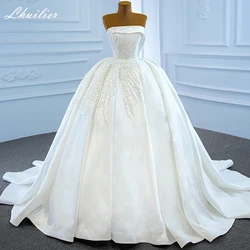 Lhuillier Customized Strapless Ball Gown Satin Wedding Dresses Floor Length Pearls Beaded Sleeveless Bridal Dress