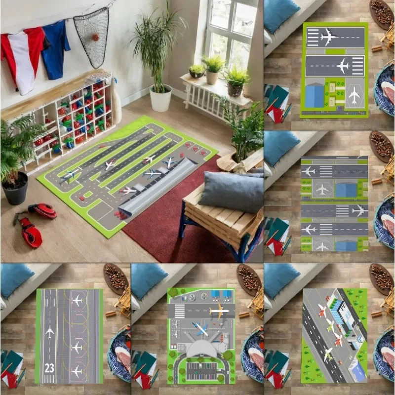 Kids Play Area Rugs Airport Landing Strips Top View Aircraft and Airplane Arrival Carpet Kids' Bedroom Playroom Nursery 3D Decor
