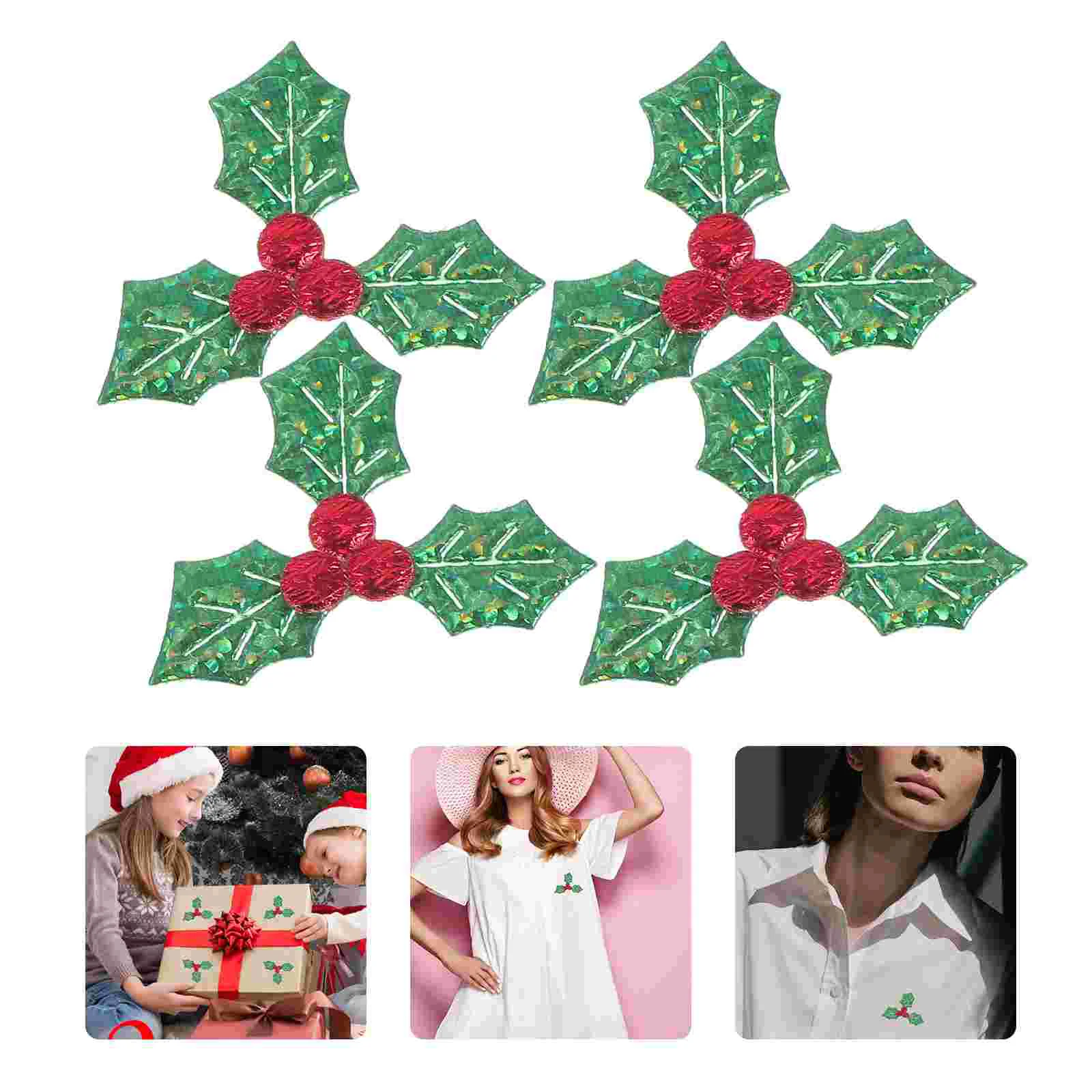 

100 Pcs Red Fruit Christmas Holly Leaf Garland Trees Ornaments Cloth Berries Applique