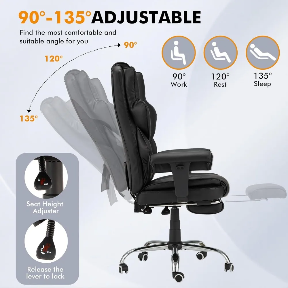 Ergonomic Home Office Desk Chair with Retractable Footrest and Reclining Function,Leather Computer Chair with Adjustable Armrest