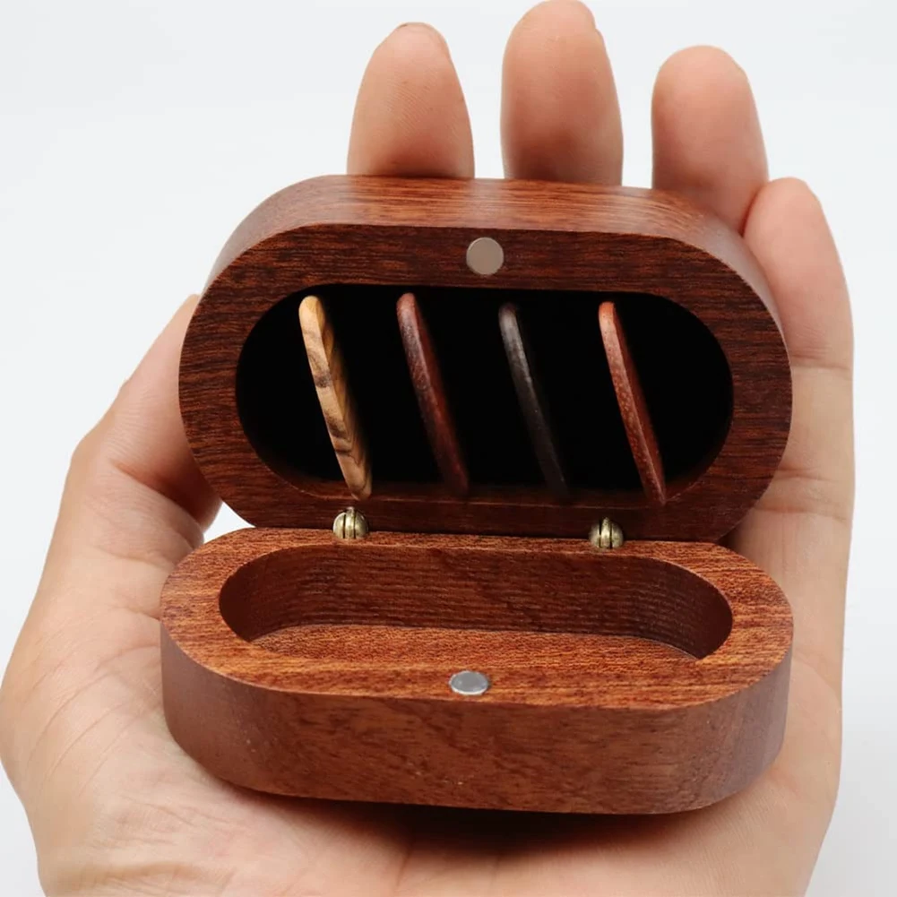 Guitar Pick Holder Set with 4 Wooden Pick,Natural Keepsake Wood Guitar Pick Display Case,Mini Guitar Storage Box