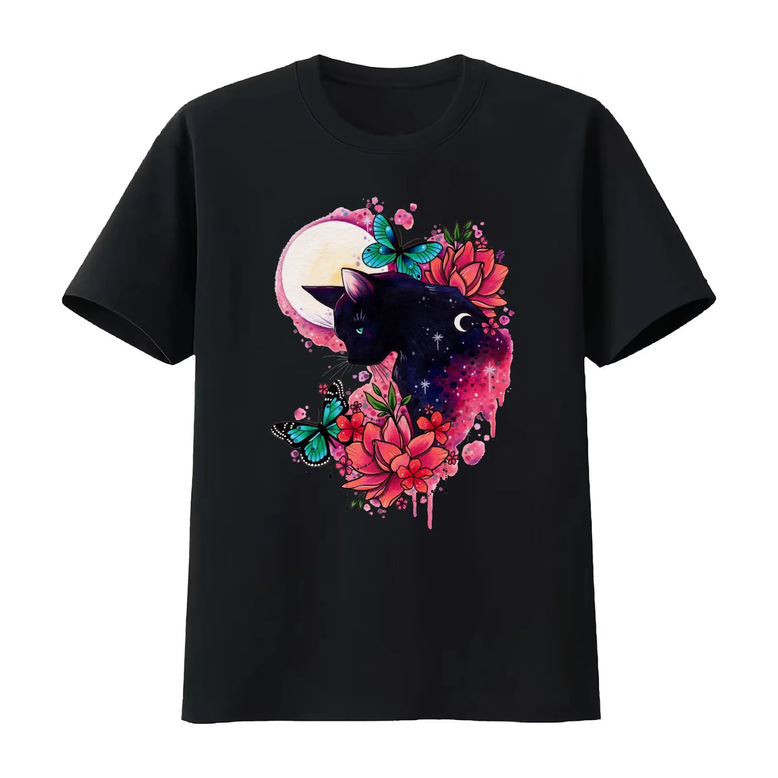 Midnight Cat watercolor design T-Shirt Summer Casual Cotton Tee Oversized Streetwear Tops Vintage Graphic Print 100% Cotton