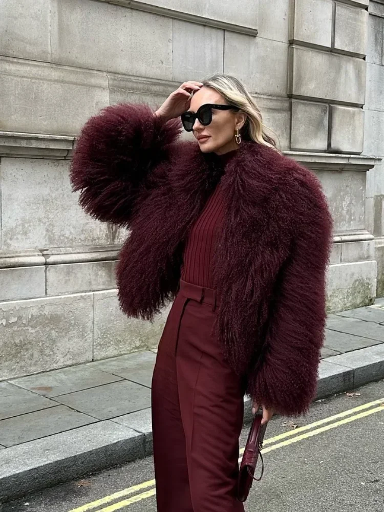 2025 Winter Fashion Brown Faux Fur Coat Women Chic Warm Fluffy Sheep Fur Jacket Big Turn-down Collar Overcoat New In Outerwear