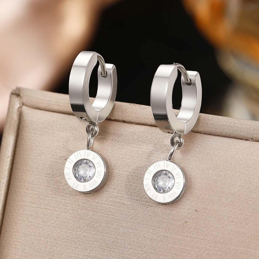 DGIDDK Stainless Steel New Roman Numerals Round Diamond Pendant Earrings Simple Fashion Earrings Suitable For Women's Daily Wear