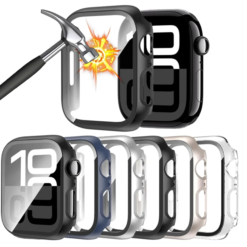 Tempered Glass+cover For Apple Watch 10 11 9 8 7 46mm 41mm 45mm 42mm PC bumper Screen Protector Case iWatch series 6 5 4 se 44mm