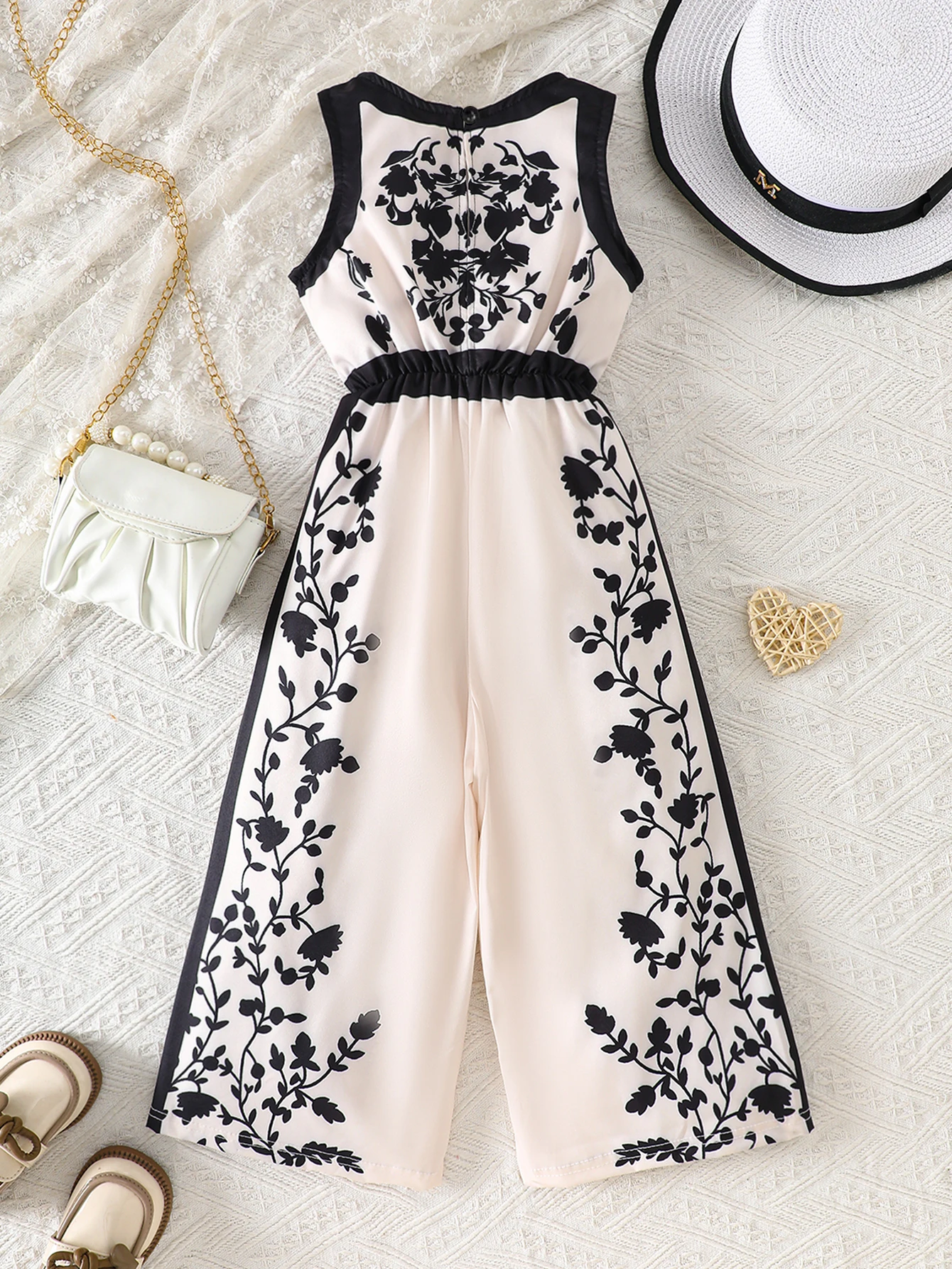 Girls' Fashionable Woven Floral Print Jumpsuit, Wide-Leg Pants, One-Piece Outfit