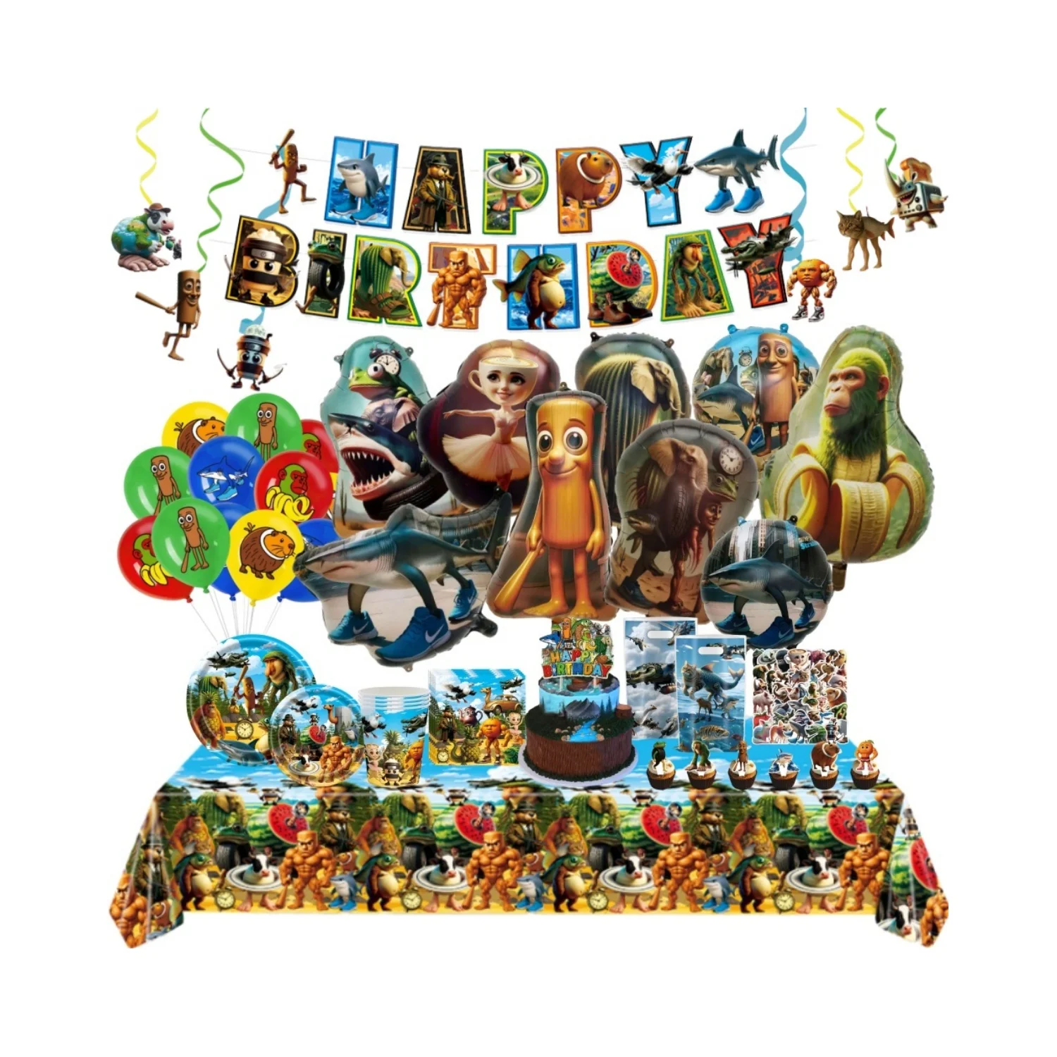 Brainrot italien Tung Tung Sahur Tralalo, fournitures de fête d'anniversaire pour enfants, ballon, vaisselle, tasse, assiette, bannière, jouet, ensemble de décoration cadeau