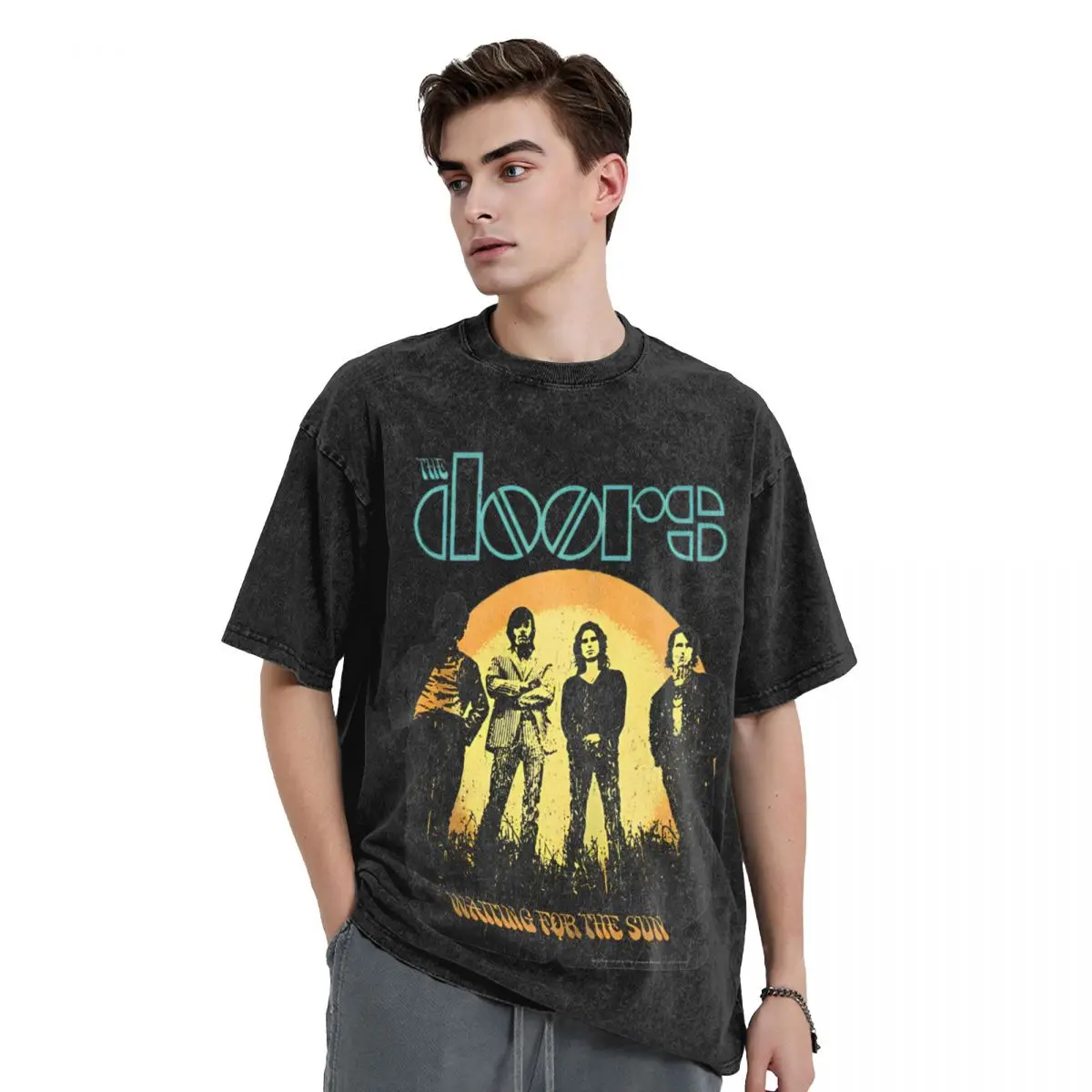 Washed T Shirt Waiting For The Sun Rock Music Vintage T-Shirts Jim Morson The Doors Band 100% Cotton Graphic Printed Tee Shirt