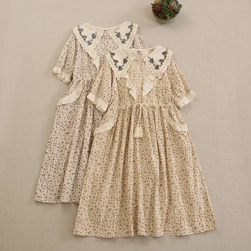 Summer Sweet Floral Dress Women Drawstring Waist Casual Pockets Embroidered Dress HT50151