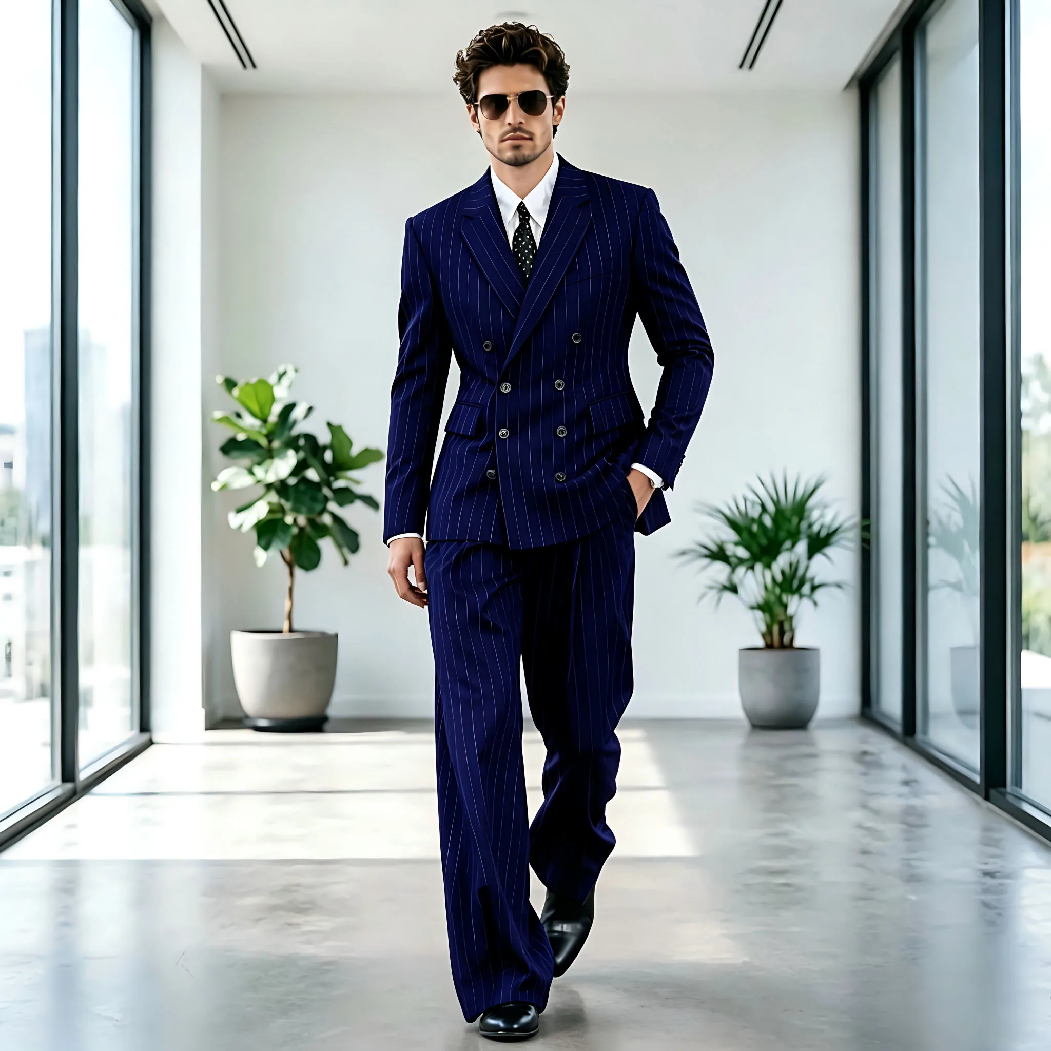 

Navy Blue Striped Men Suits 2 Piece Elegant Notched Lapel Double Breasted Outfits Casual Prom Party Wedding Tuxedo Blazer Pants