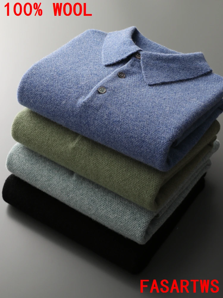 2025 Choice High Quality Men POLO Collar Wool Pullover Cashmere Sweater Autumn Winter Smart Casual 100% Merino Wool Knitwear Top