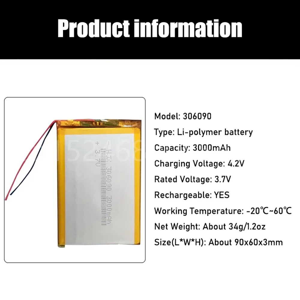 Batterie lithium polymère aste pour casque Bluetooth, alimentation, MP3, MP4, MP5, GPS, PSP, MID, 306090 mAh, 3000 V, 3.7