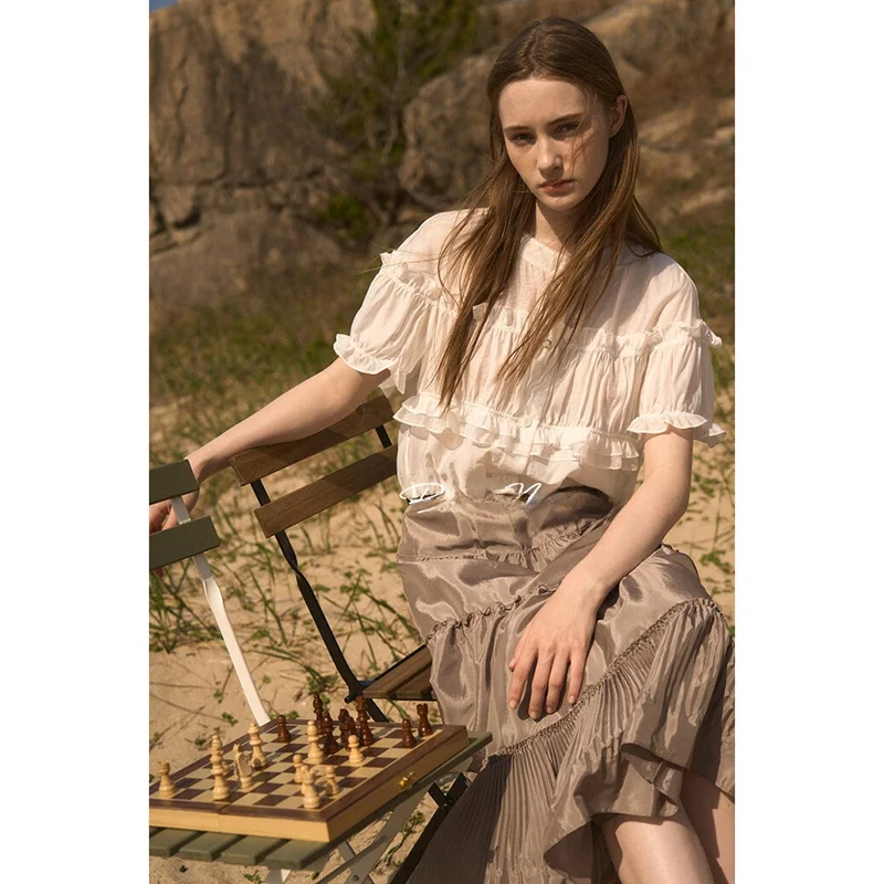 

Женская блузка Sweet Commuter с круглым вырезом, плиссированная, приталенная, в корейском стиле, с цветочным принтом, дышащая, тонкая, с коротким рукавом, повседневная