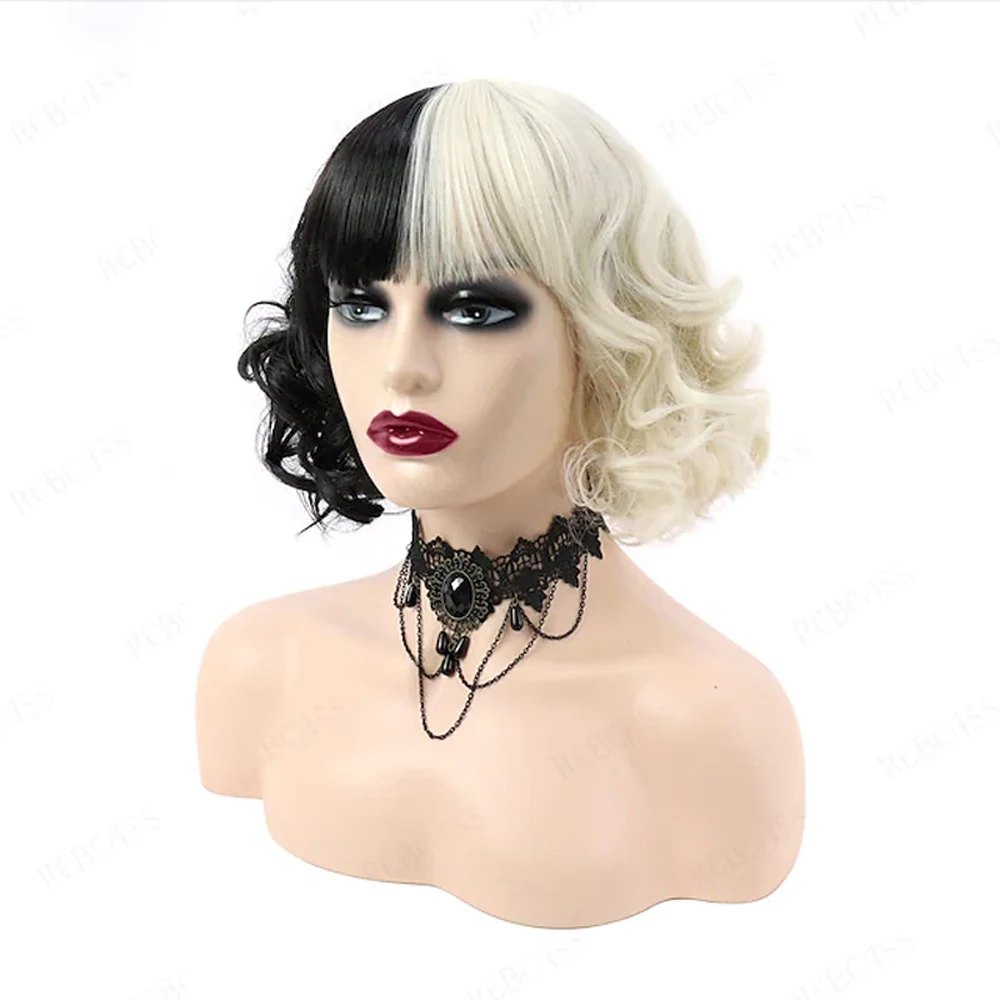 Hairjoy synthetisches haar cosplay cruella lose locken bob mit ordentlich knall schwarz weiß perücke für frauen halloween kostüm – Detail 7