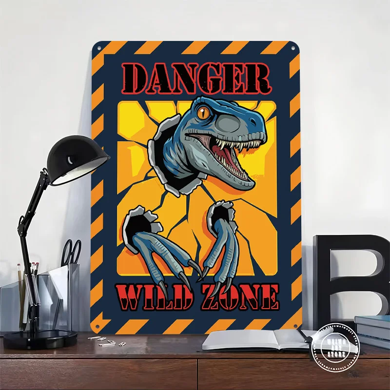 Dinosaur Danger Wild Zone Metal Poster Custom Wall Art Retro Vintage Tinplate Signs for Man Cave Bedroom Decoration Gaming House