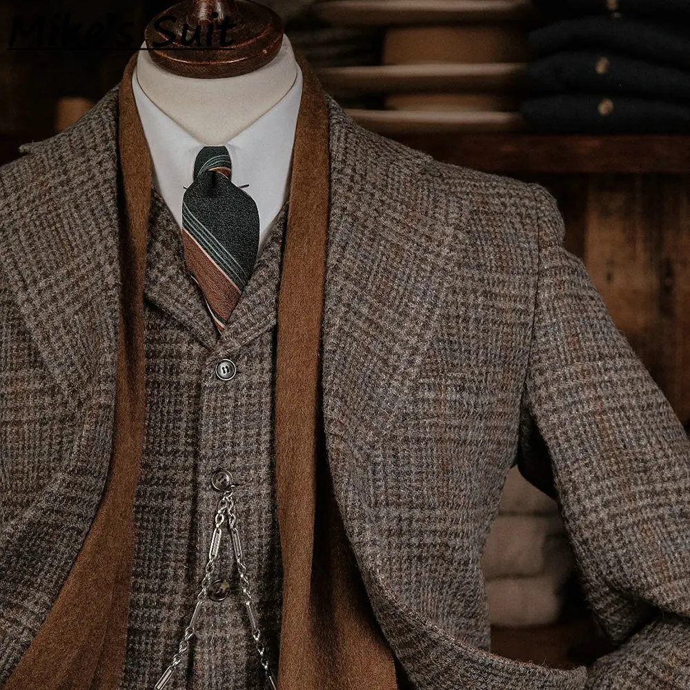 Vintage Men Glen Check Tweed 3 Piece Suit Grey Plaid Wool Jacket Vest Pants British Retro Wedding Suit