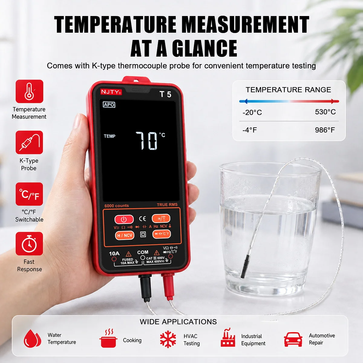 T5 Smart Digital-Multimeter mit Farbdisplay, 6000 Zählungen, True RMS, automatische Bereichswahl, AC/DC-Spannung, Strom, Widerstand, NCV, Temperaturmessgerät – Detail 3