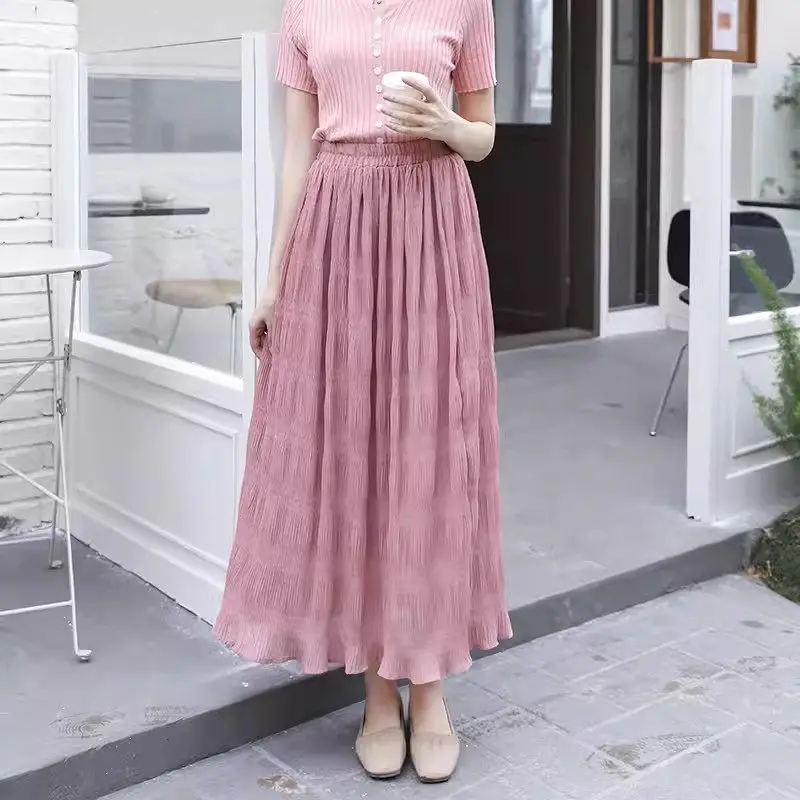 

High Waisted Slim Chiffon Pleated Skirt Long For Women's Summer Mid Length Fashion Versatile Elegant Ruffle Jupe Feminina K1047