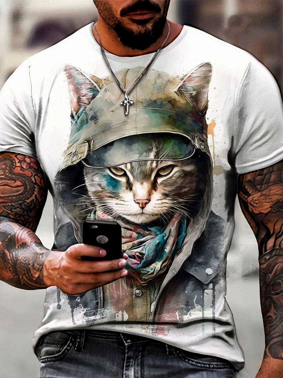 

3D Print Cat Element Men's T-Shirt Fashionable Creative Personality Loose Short Sleeve Tees Summer Outdoor Casual Round Neck Top