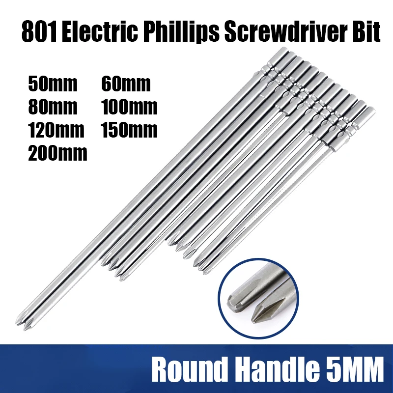 50/60/80/100/120/150/200mm 801 Electric Phillips Screwdriver Bit Set 5mm Round Handle Magnetic Impact Batch Head Cross Drill Bit