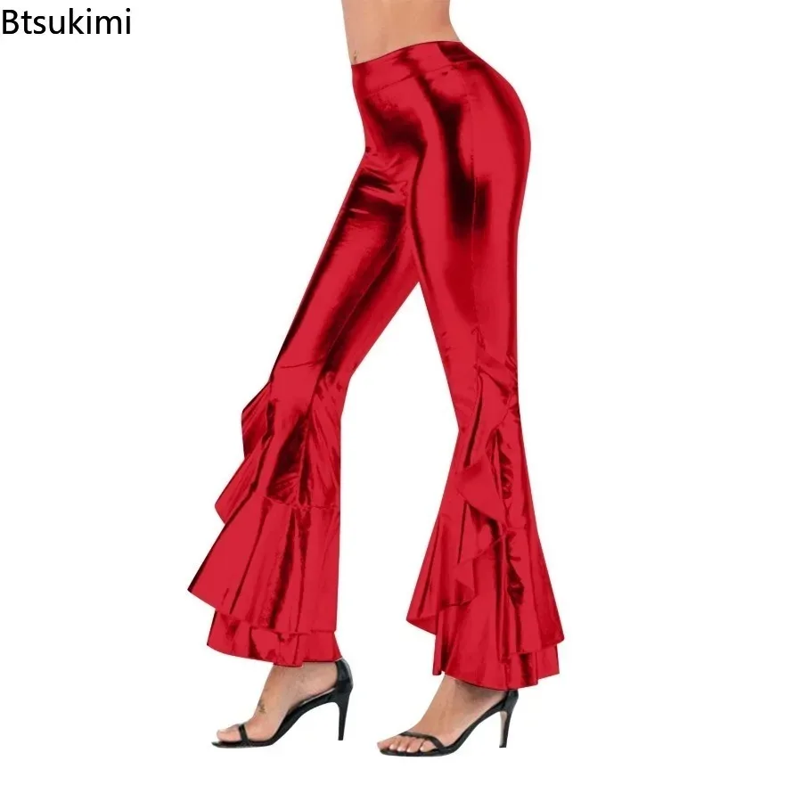 Women's Shiny Flare Trousers Metallic Bell Bottoms Ruffle Wide Leg Pants Retro 70s Retro Disco Costume Stage Prom Club Trouser