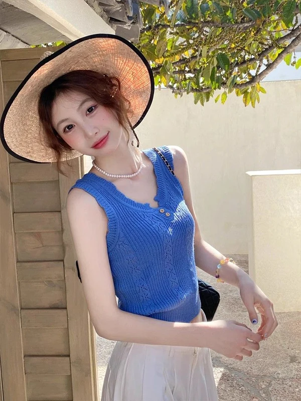 سترة صيفية نسائية بدون أكمام منسوجة باللون الأصفر، قميص داخلي جميل، ملابس خارجية، تصميم جديد، نمط أيلين العملي، قصة ضيقة #5