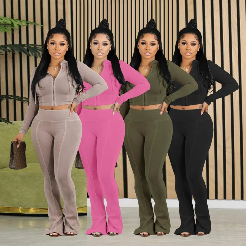 

Fashion Soft Long Sleeve Hooded Crop Jacket Top and Jogger Flare Pants 2 Piece Set Women Sweatsuit Tracksuit Matching Suits