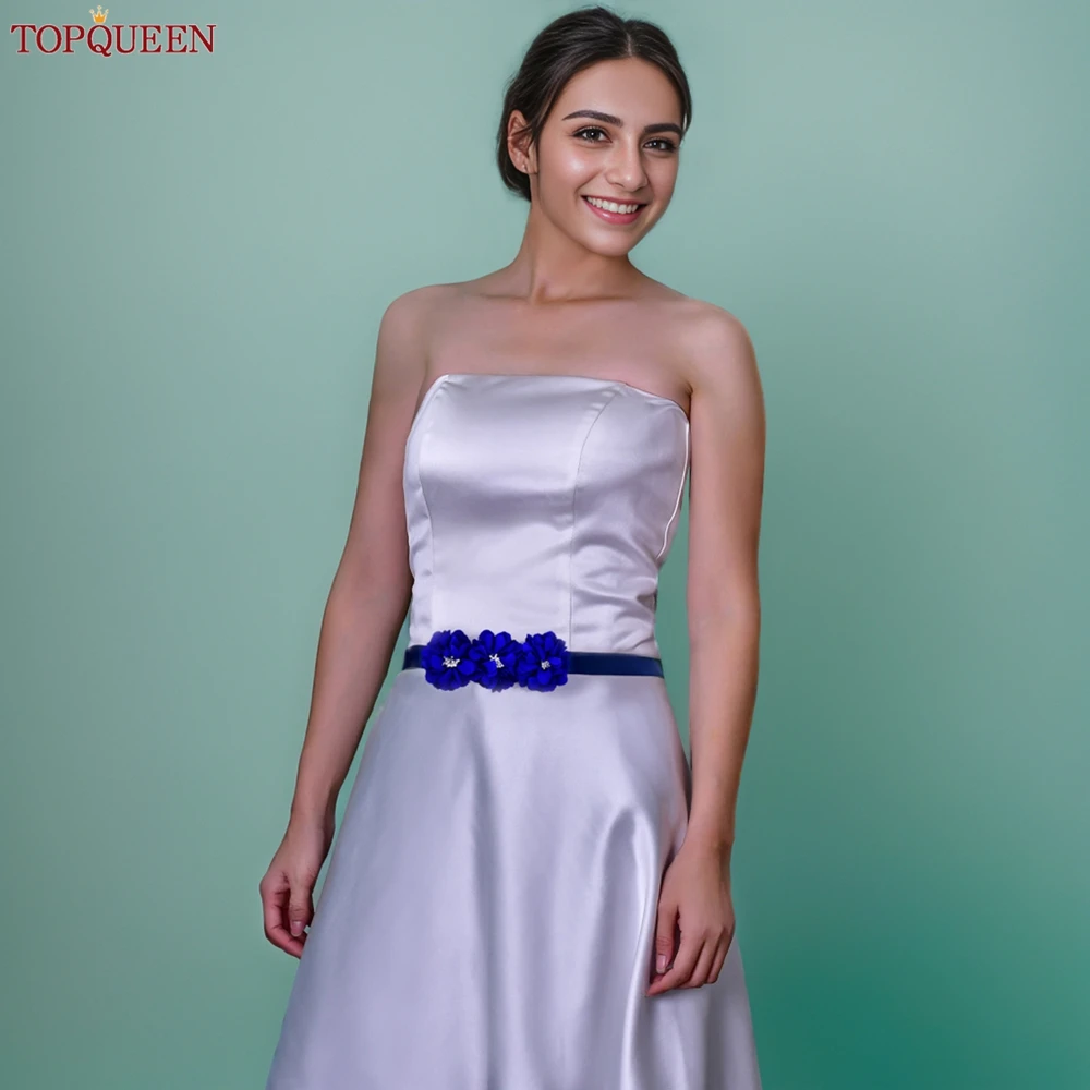 TOPQUEEN Elegant Handmade Flower Sash Blue Fashion Wedding Sash Bridal Satin Sash Party Sash Bridesmaid Dresses Accessories S140