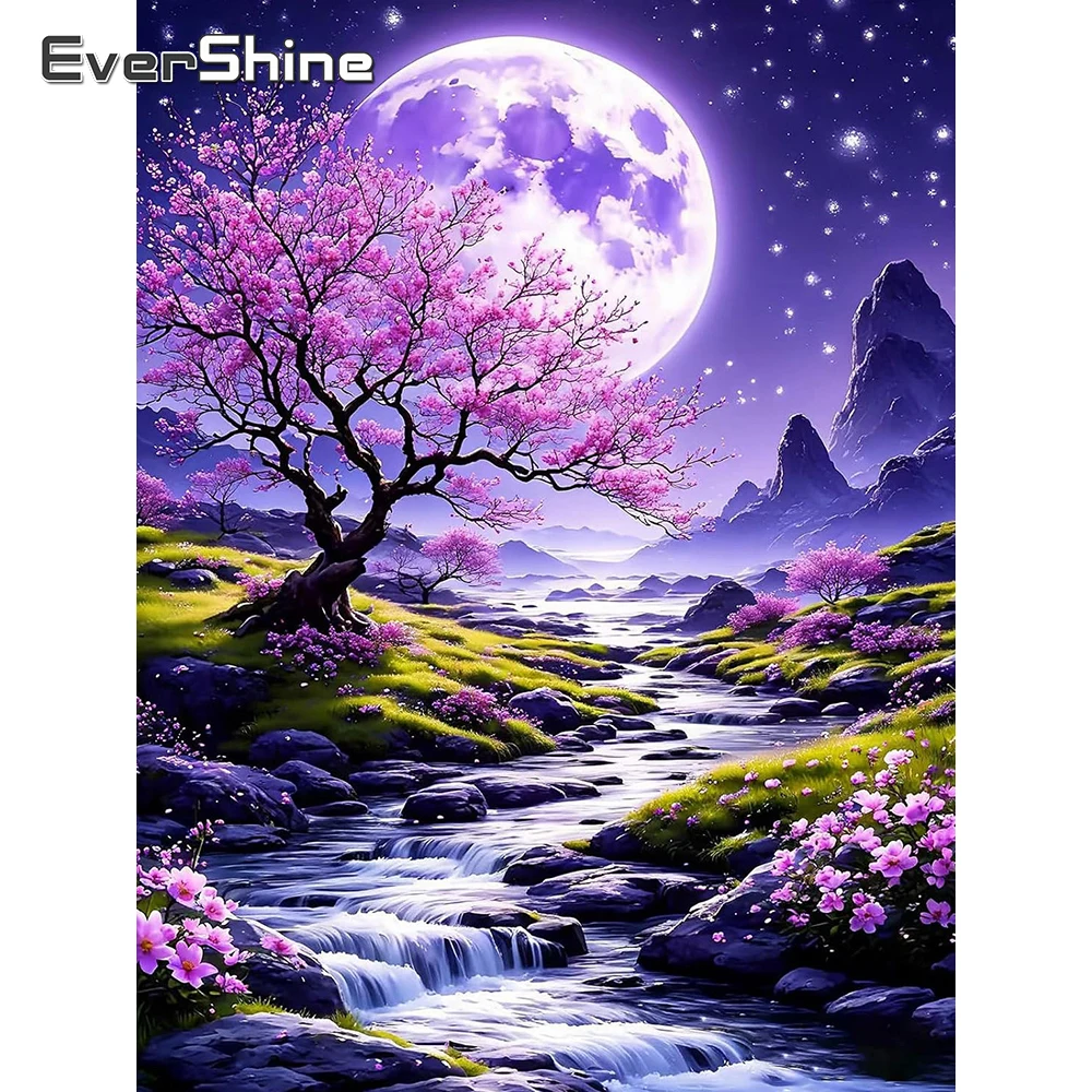 Evershine Diamant-Stickerei Landschaft Vollflächiges Quadratisches Mosaik Kirschblüten-Bild Strass-Gemälde Mond Wandkunst