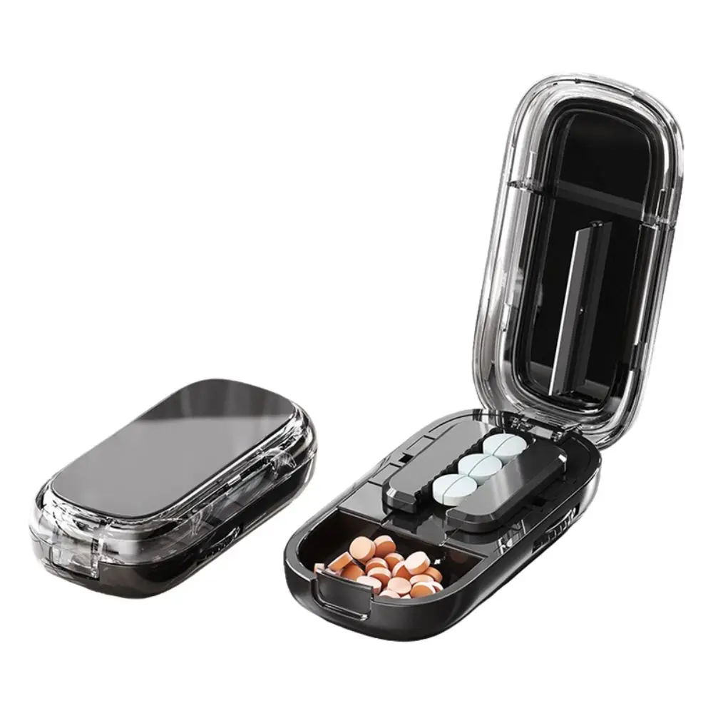 Tragbarer 2-in-1-Design-Halbpillenschneider, staubdicht, verstellbare Aufbewahrungsbox, Trennwand, Organizer, Pillendose für kleine oder große Pillen